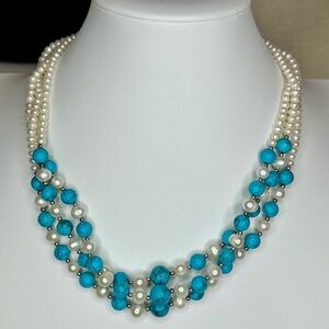 Danbury Mint Freshwater Pearl & Dyed Howlite 3-Strand Necklace 925 Clasp
